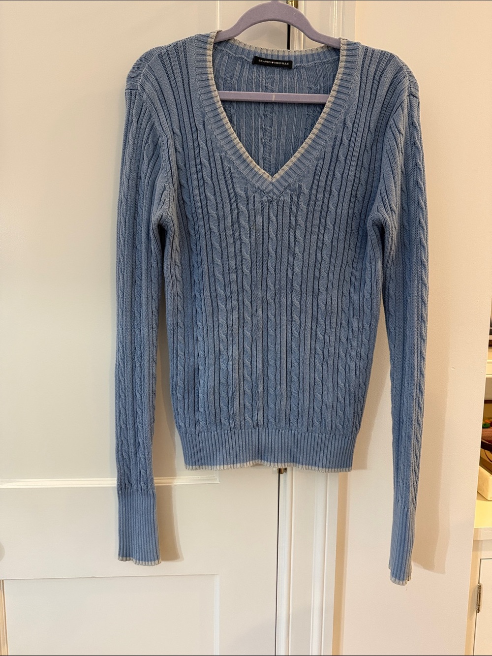 Brandy Melville Light Blue Cable-Knit V-Neck Sweater with Cream Trim